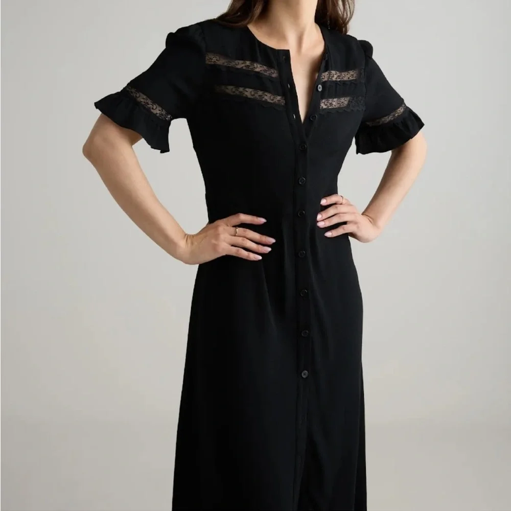 Quince Women Lightweight Crepe Lace Inset Midi Dress Black - Sz Large NWT - Picture 5 of 14